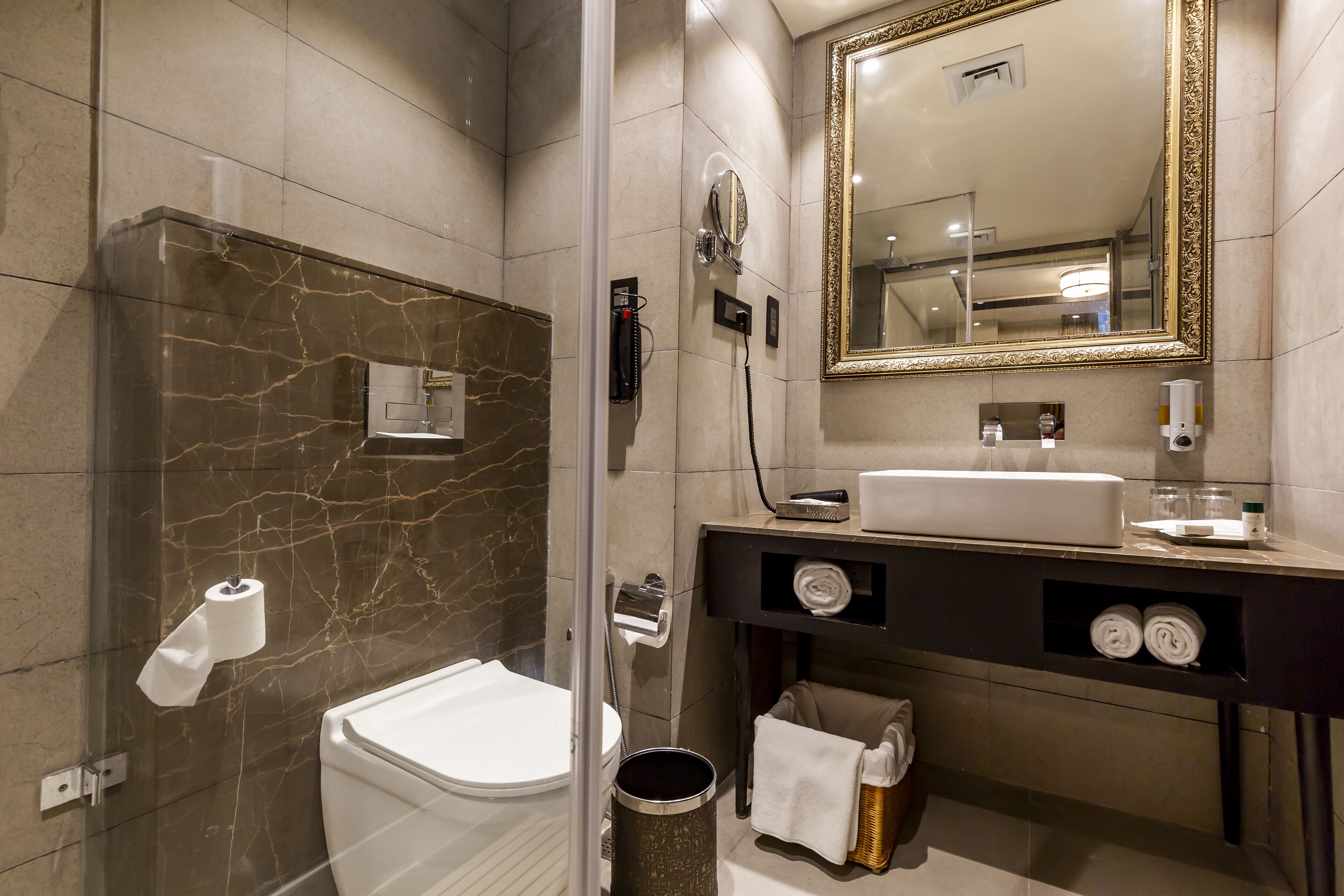 A modern bathroom with a glass-enclosed shower, a toilet, a sink with a mirror above, and a towel rack.