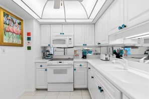 Fridge, microwave, stovetop, dishwasher - SUNSET HOUSE CONDO Unit H215- 1 Bedroom Condo-  Quiet, Well-Kept, Low-Density Beachfront building! (Marco Island)