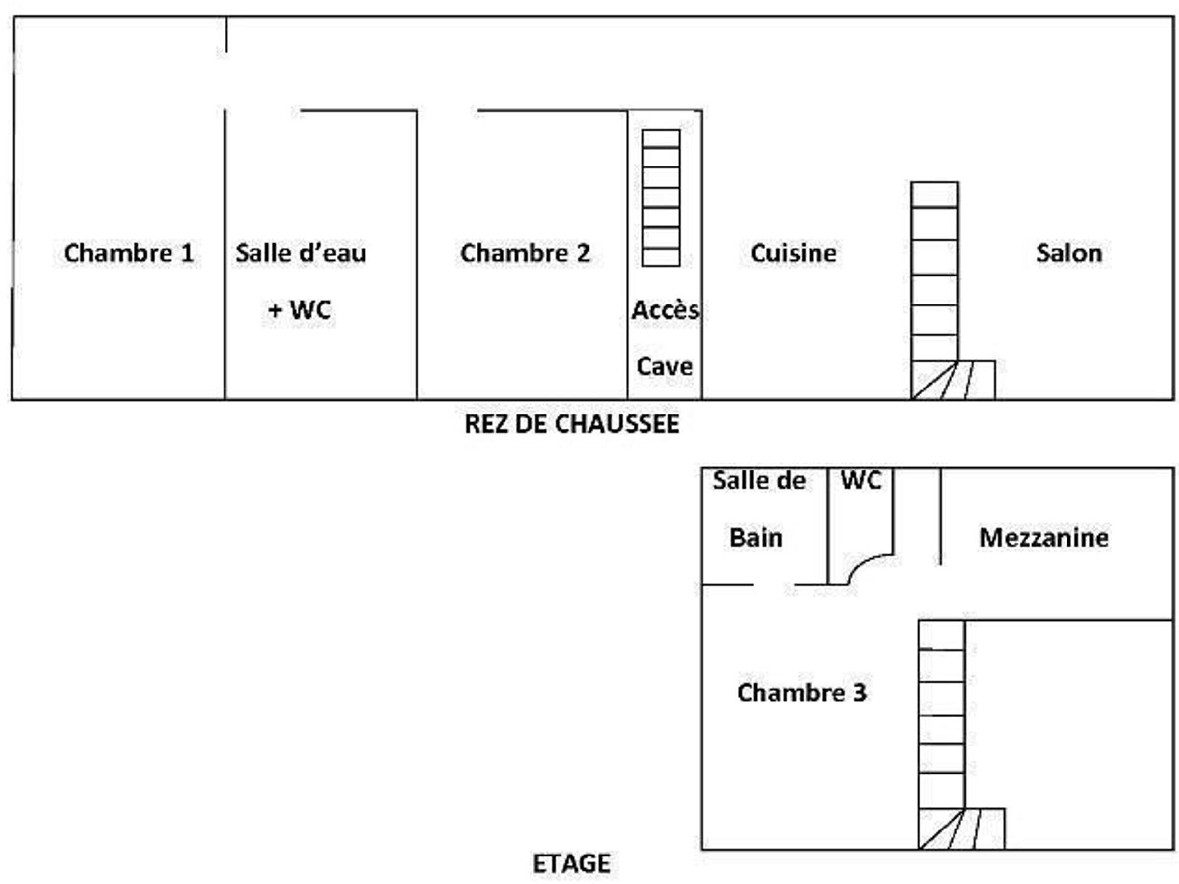 A hotel layout with three rooms, a kitchen, and a bathroom.