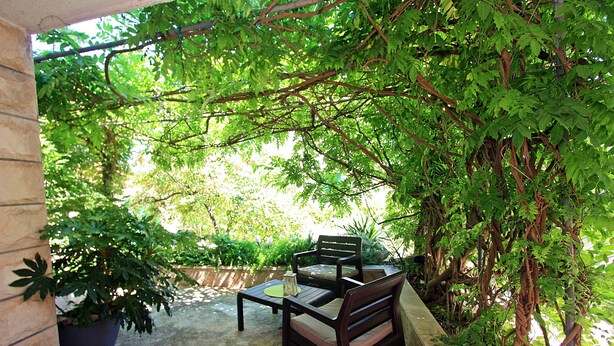 An outdoor patio with a table and two chairs, surrounded by lush greenery and vines. - Apartment Zorica (Supetar)