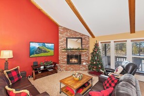 TV, fireplace, DVD player, foosball