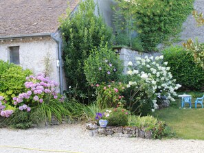 A garden with various plants and flowers, a stone wall, and a small table with chairs.