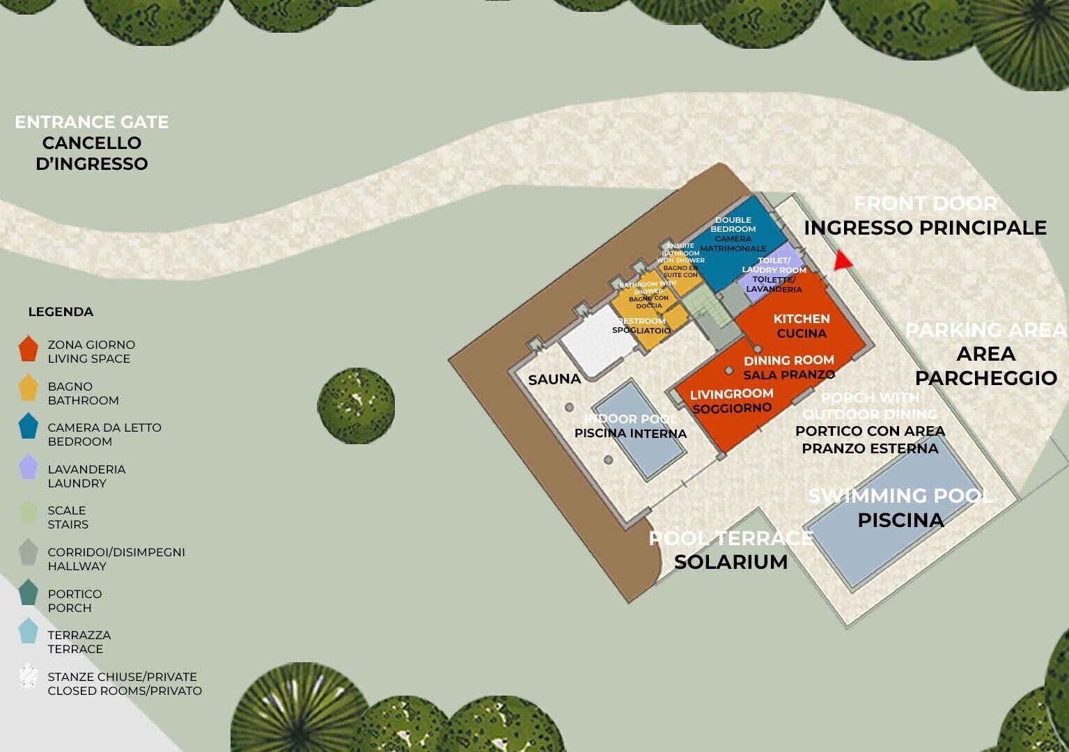 A hotel layout with an entrance gate, main entrance, living room, sauna, indoor pool, and a swimming pool.