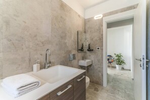 Shower, hair dryer, towels