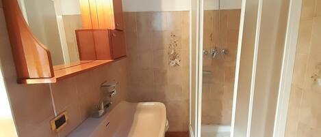 Ein Badezimmer mit Waschbecken, Spiegel und Dusche.