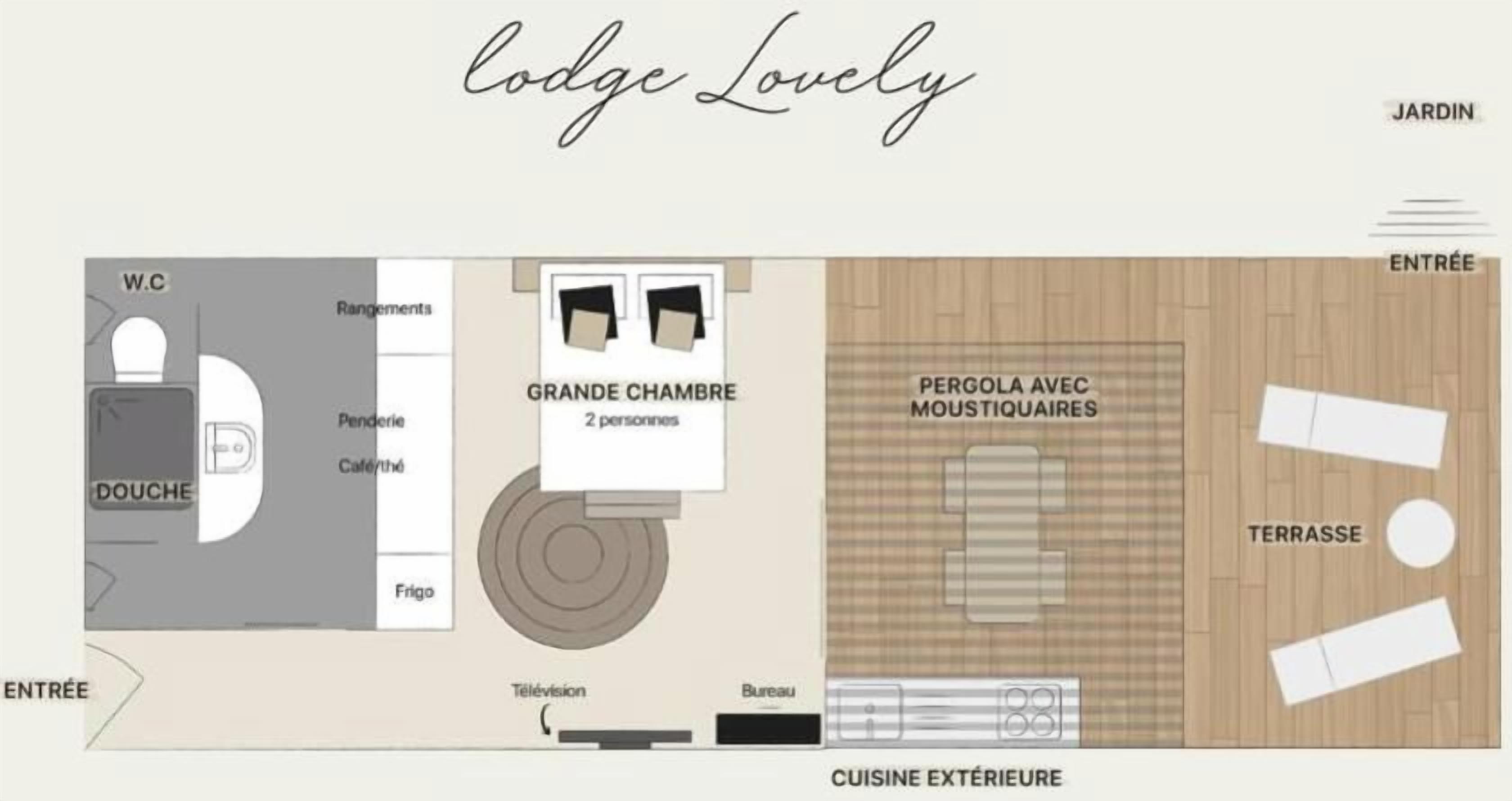 A hotel room layout with a WC, ensuite bathroom, ensuite kitchen, large bedroom, ensuite bathroom with shower, and a terrace.