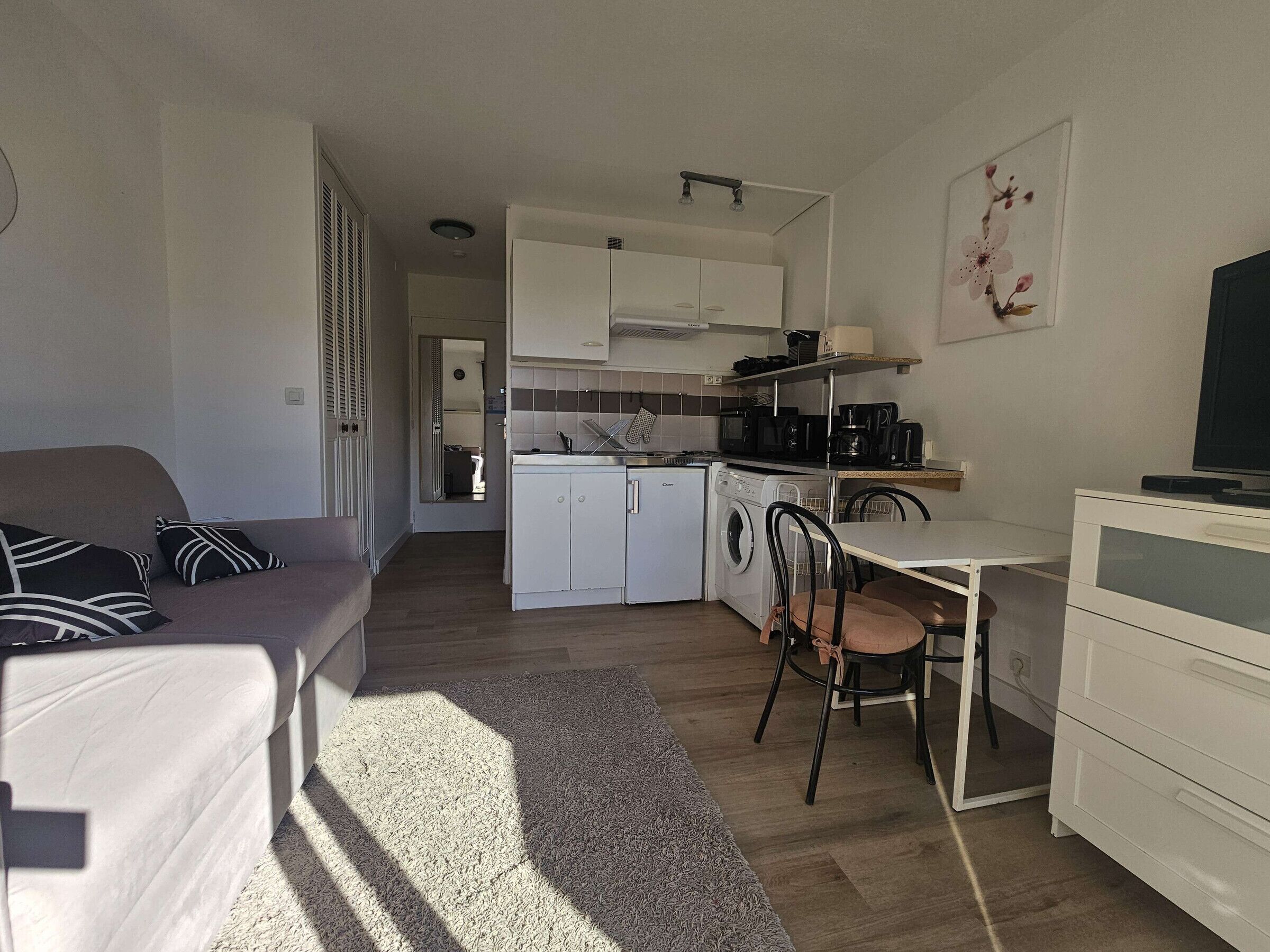 A compact living space with a kitchenette, a dining area, and a sofa.