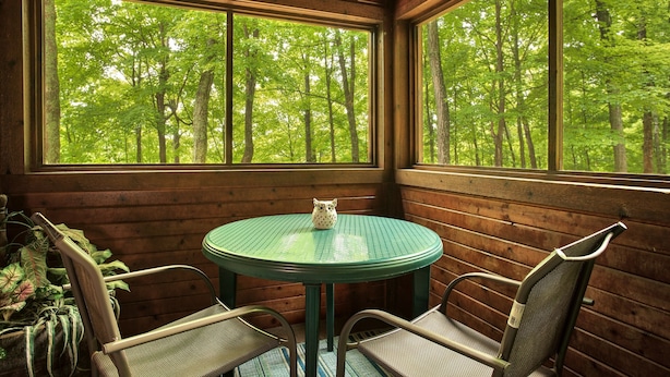 Una cabaña de madera con una mesa redonda y dos sillas, ventanas amplias con vistas al bosque y un pequeño adorno sobre la mesa.