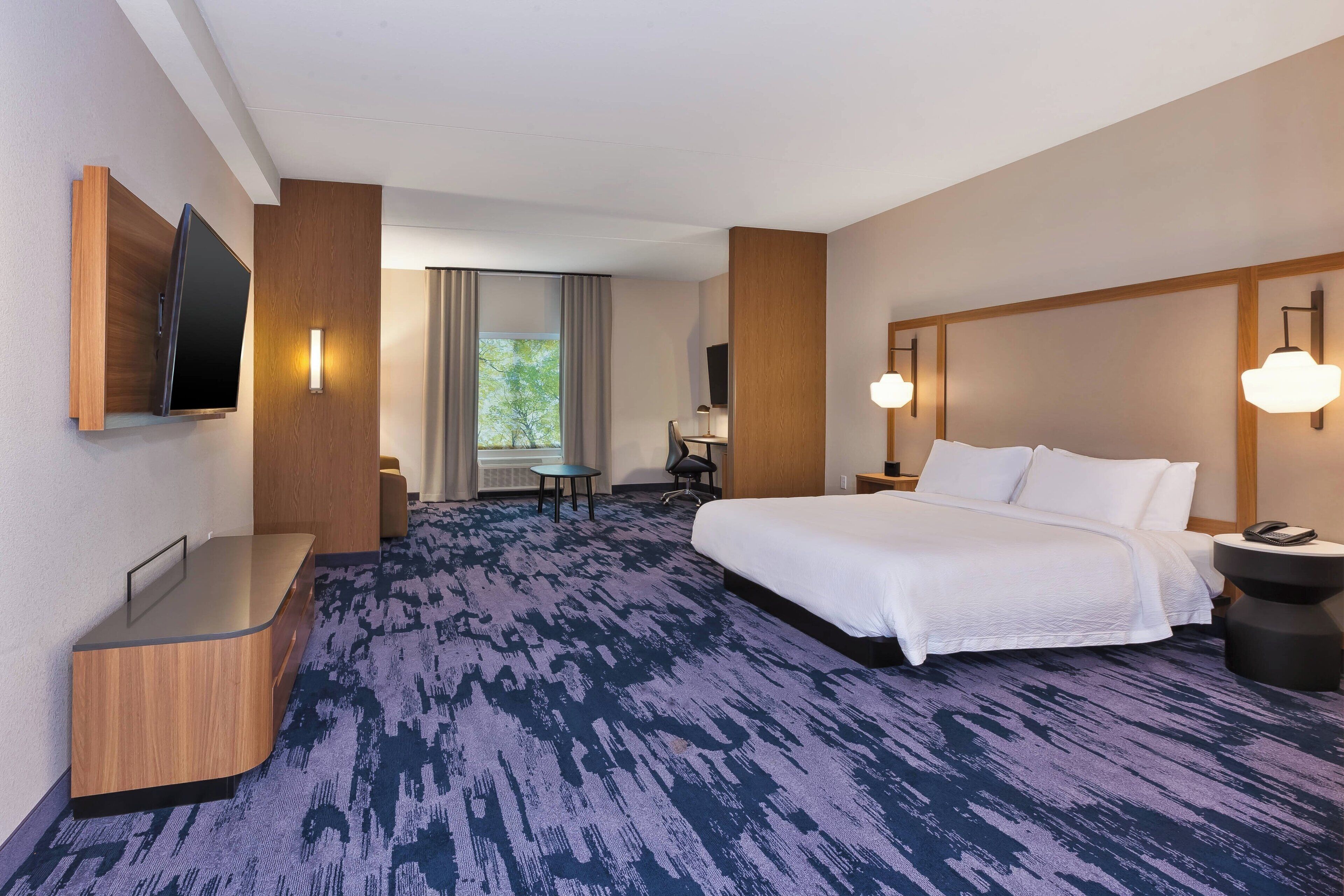 A hotel room with a large bed, a desk, a TV mounted on the wall, and a view of the outdoors.