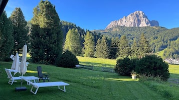 Un espacio al aire libre con césped, sillas de descanso y sombrillas, una montaña al fondo y una valla de madera.