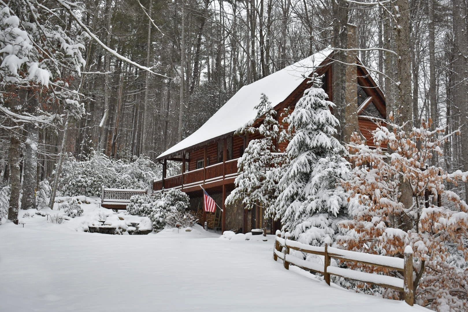Una baita di legno rustica con tetto imbiancato dalla neve, immersa in una foresta.