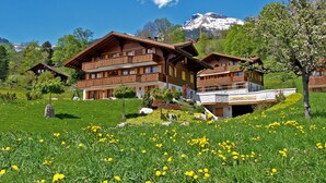 A large wooden chalet with multiple balconies and a mountain backdrop.