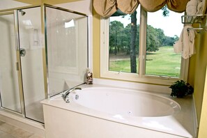 Combined shower/bathtub, hair dryer, towels, soap