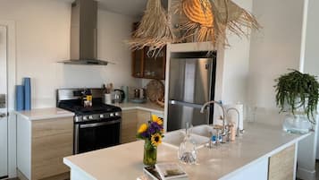 Een broodrooster, een blender, kookgerei, borden en bestek, kruiden