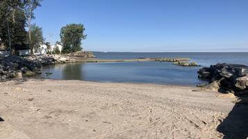 On the beach, sun-loungers, beach towels