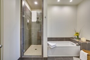 Combined shower/tub, jetted tub, hair dryer, towels