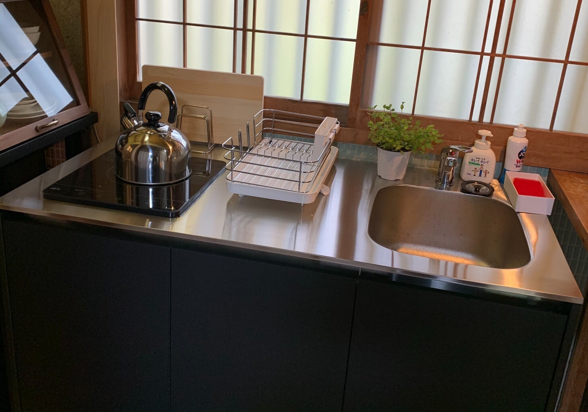 Kühlschrank, Mikrowelle, Herdplatte, Kochgeschirr/Geschirr/Besteck