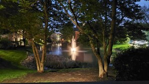 A nighttime view of a pond with trees and a building in the background. - Cozy Condo - Pond View - Monthly Discounts- Washer & Dryer-Great Location (Lombard)