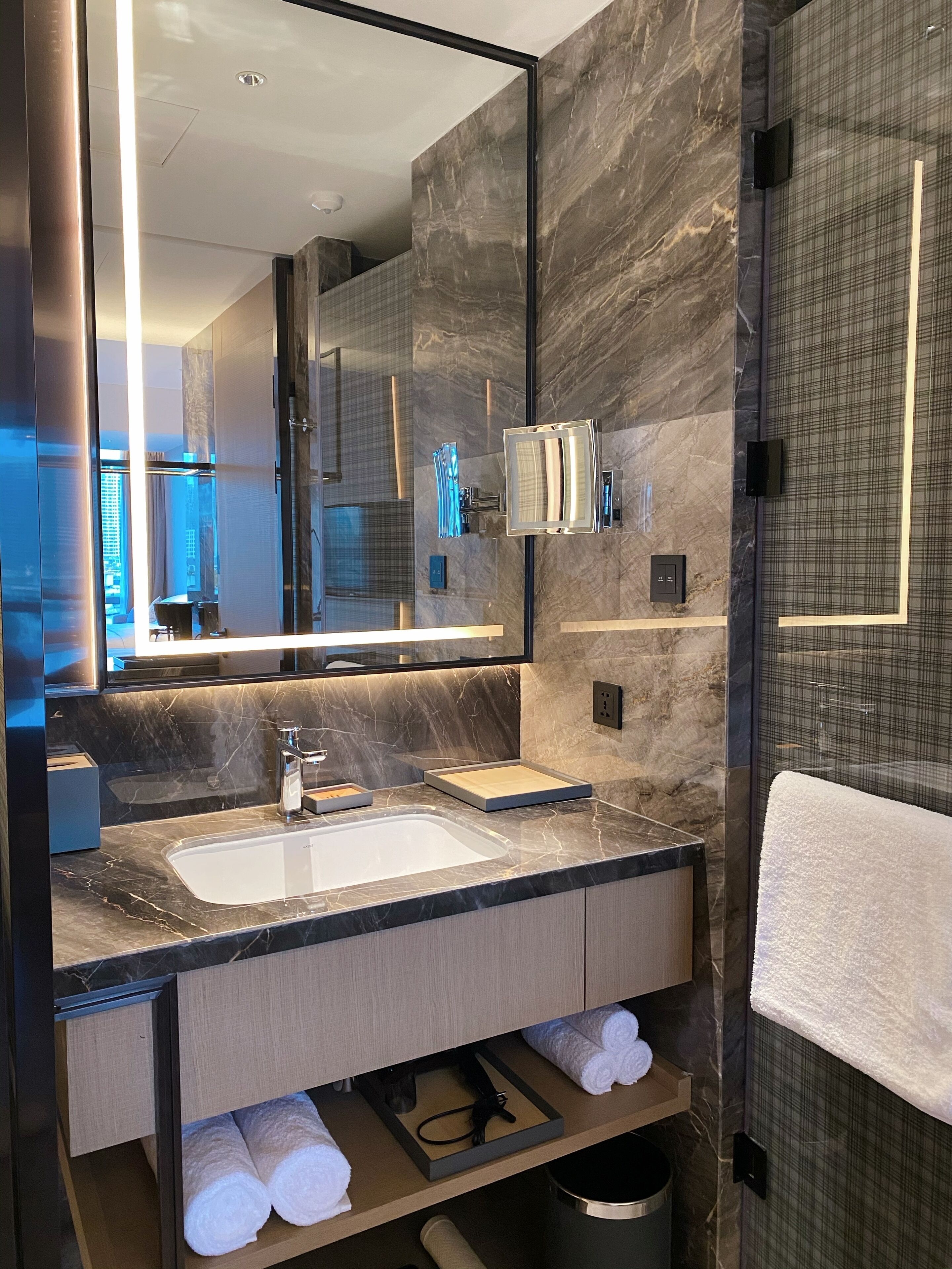 A modern bathroom with two sinks, a large mirror, and a towel rack.