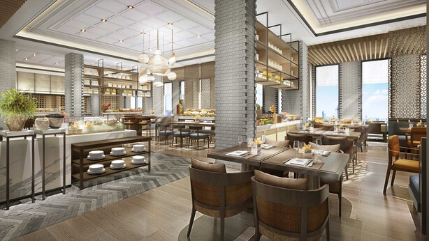 A modern hotel lobby with a central bar, seating areas, and a high ceiling with a grid pattern. - Four Points by Sheraton Suzhou, Wuzhong (Suzhou)