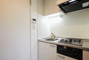 Kühlschrank, Mikrowelle, Herdplatte, Kochgeschirr/Geschirr/Besteck