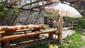 Un conjunto de mesa y bancos de madera para picnic al aire libre, rodeado por un muro de piedra rústica y follaje.