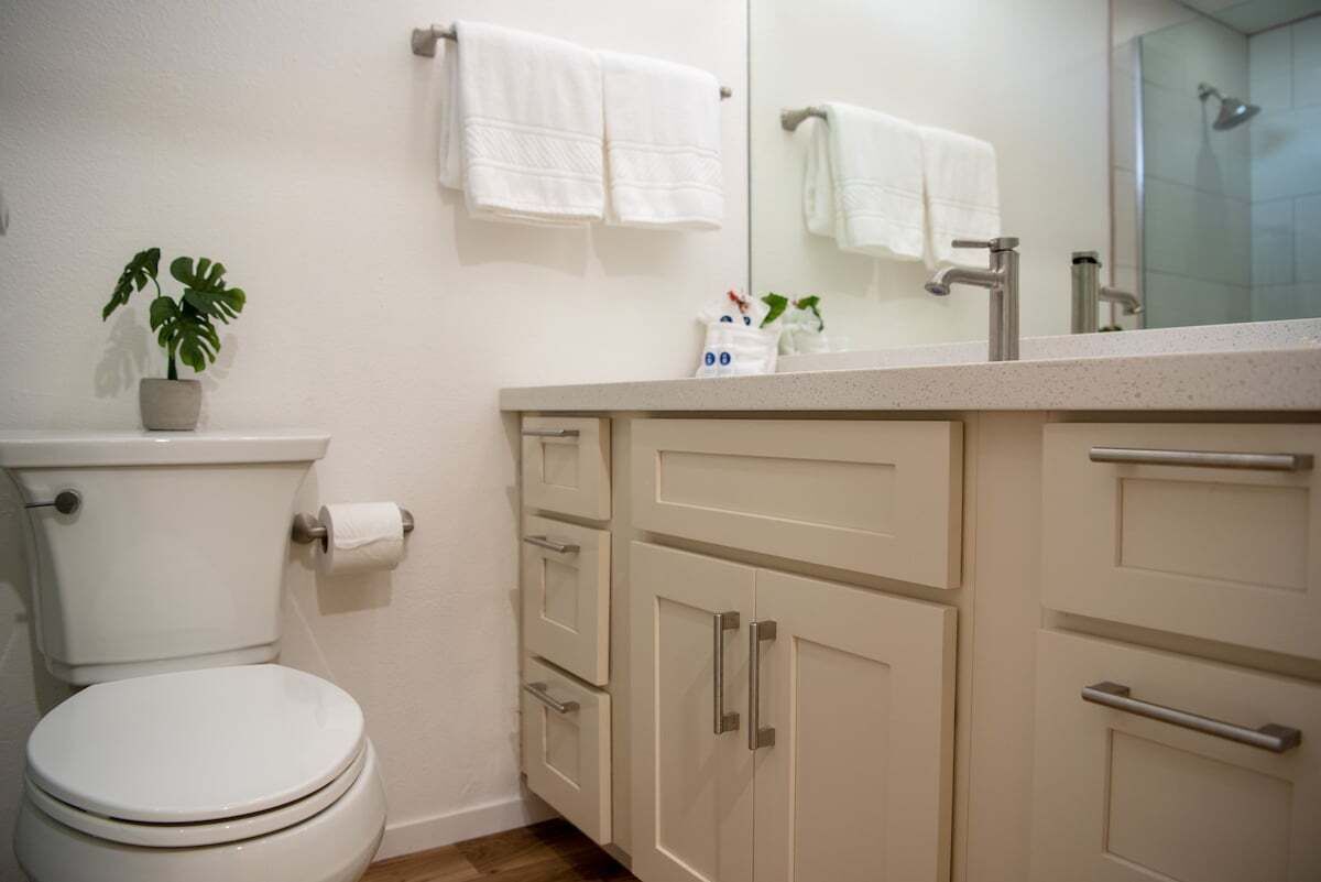 Ein Badezimmer mit Toilette, Waschbecken mit Spiegel, Schränken und einer Topfpflanze.