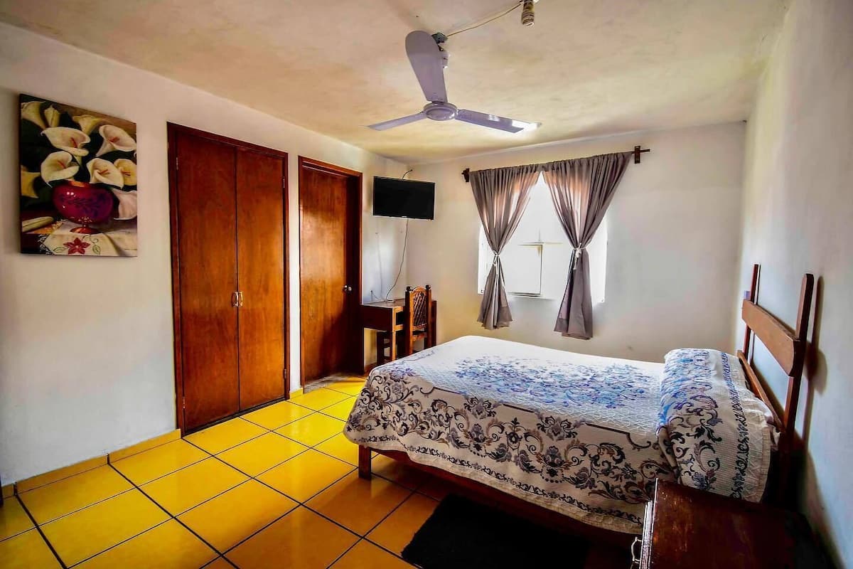 Un dormitorio con cama, ventilador de techo, televisor y armario.