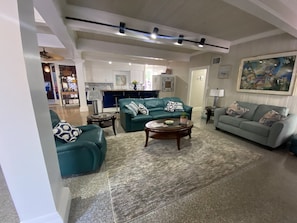 Smart TV, fireplace, DVD player, books