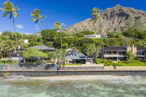 Enjoy a serene beachfront setting with a mountain backdrop, surrounded by lush greenery and palm trees.