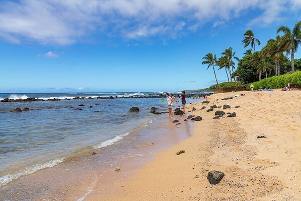 A beach with clear skies, palm trees, and rocky shoreline. - Makahuena 5103 Oceanfront By Suite Paradise (Koloa)