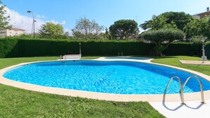 Ein rechteckiger Swimmingpool mit glasklarer, blauer Wasseroberfläche, umgeben von einem gepflegten Rasen und einem Heckenstreifen.