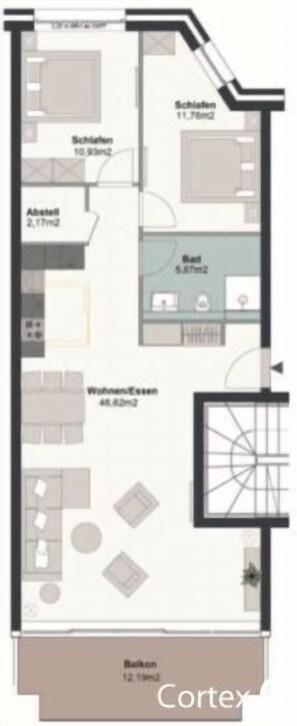 A floor plan with a living area, kitchen, bathroom, and two bedrooms.