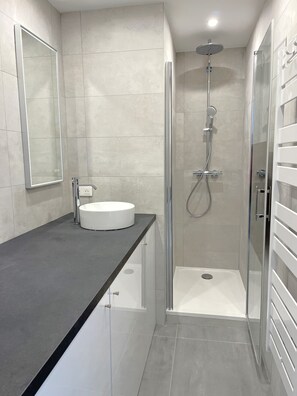 Shower, hair dryer, towels