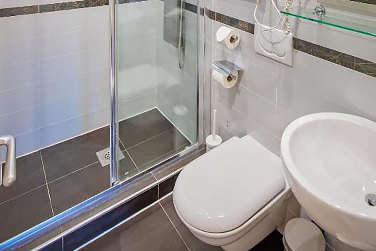 A modern bathroom with a glass-enclosed shower, a toilet, and a sink.