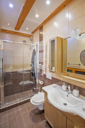 奢華公寓 | 浴室 | 淋浴設備、免費盥洗用品、吹風機、毛巾