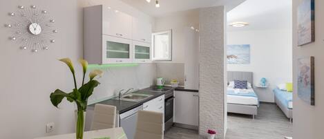 Studio (Studio Apartment with City View) | Private kitchen | Fridge, microwave, stovetop, dishwasher