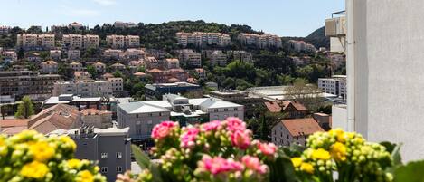 A cityscape with residential buildings, a hill with more buildings, and a building with a white facade in the foreground.