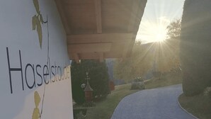 A view of a building with a sign that reads 'Hoseinstraude.'