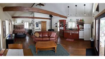 Smart TV, fireplace, books