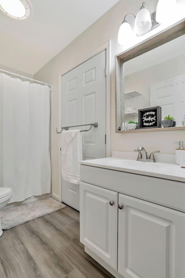 Combined shower/bathtub, hair dryer, towels, soap