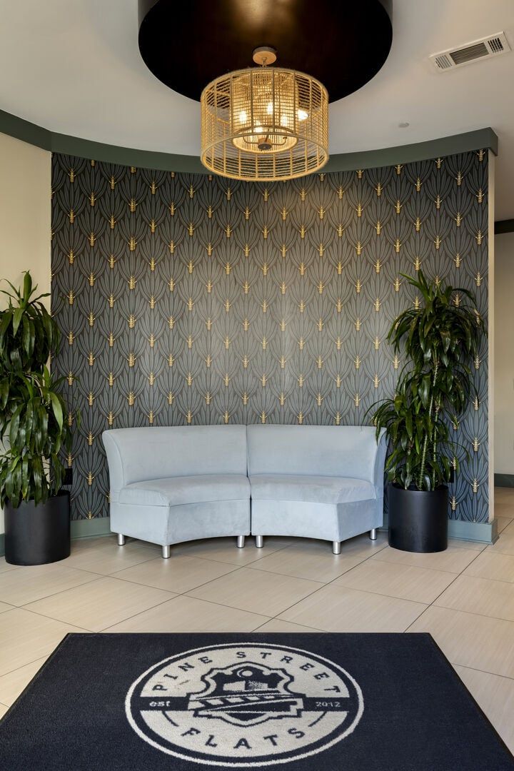 A modern interior with a light blue sofa, two potted plants, a patterned wall, and a black circular rug with text.