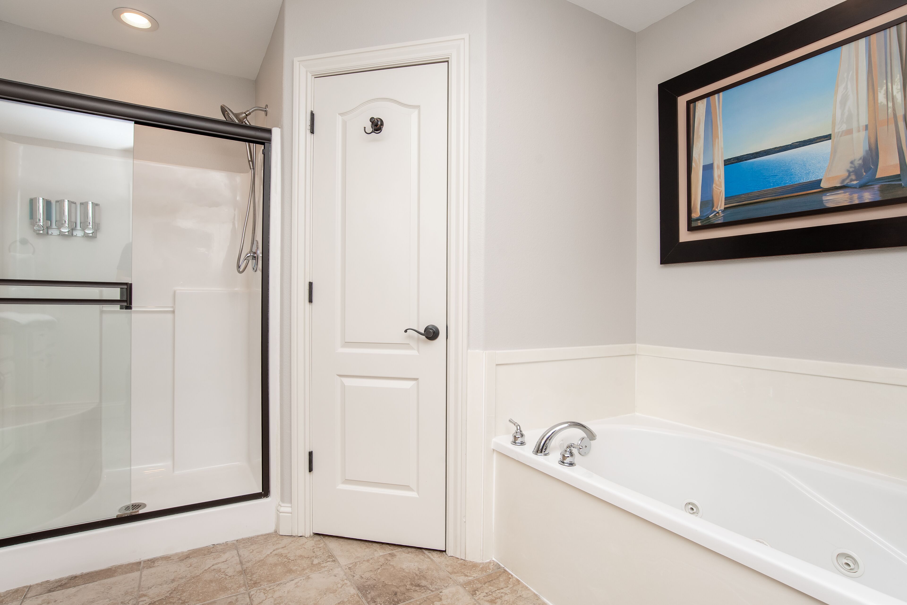 Une salle de bain avec une douche à parois de verre, une porte blanche, une baignoire et un tableau encadré au mur.