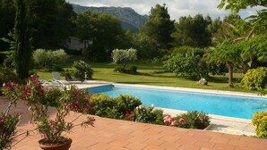 Une piscine avec un espace patio, entourée d’une végétation luxuriante et offrant une vue sur les montagnes en arrière-plan.