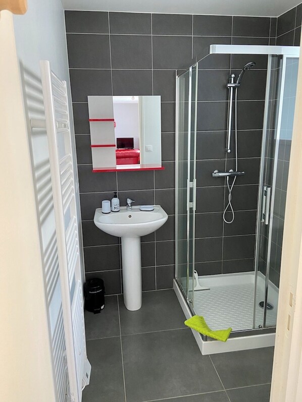 Shower, towels, soap, toilet paper