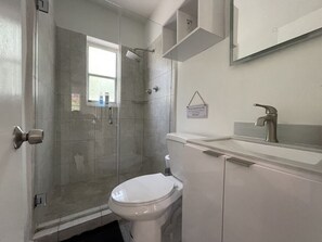 Secador de cabelo, toalhas de banho, sabonete, shampoo