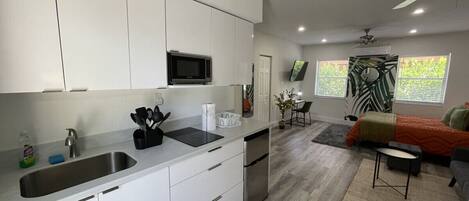 Kühlschrank, Mikrowelle, Herdplatte, Wasserkocher mit Kaffee-/Teezubehör