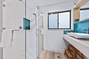 Shower, hair dryer, towels, soap