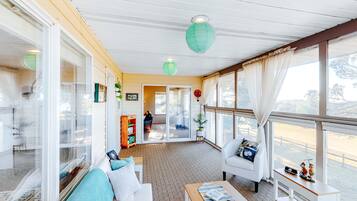 Televisión, chimenea, reproductor de DVD y videoteca