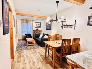 Smart TV, fireplace, books